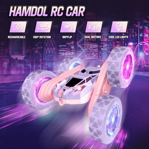 Image of Hamdol Remote Control Car, Double Sided 360Rotating 4WD RC Cars, with Sparkling LED Wheels, 2.4GHz Electric Race Stunt Toy Car, Rechargeable Toy Cars for Boys Girls Birthday Valentines Gift