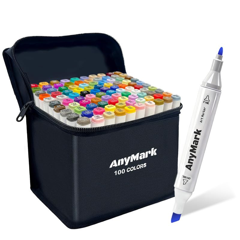 AnyMark Alcohol Markers 100 Colors Dual Tip Art Coloring Markers Set for Adult Book Drawing Sketching Painting Chisel