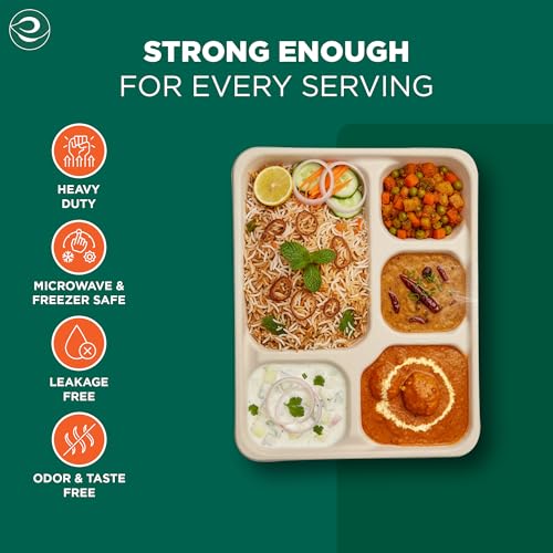 Image of Eco Soul | 5 Compartment Bagasse Meal Tray | 11 Inch - Pack of 25 | Disposable Plates Big Size | Eco-Friendly, Sturdy & Heat-Safe | Ideal for Cafeterias & Meal Services | Plastic-Free