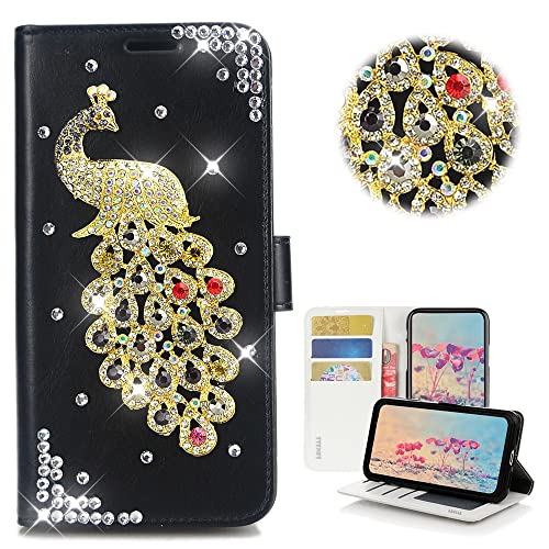 STENES Bling Wallet Phone Case Compatible with Umidigi A15C Case - STYLISH - 3D Handmade Crystal Peacock Magnetic Wallet Stand Girls Women Leather Cover - Black