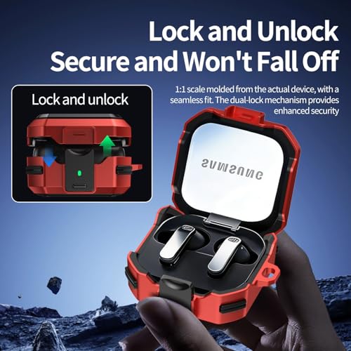 Image of Hybrid Lock Armor Case Cover for Samsung Galaxy Buds 4 and 4 Pro, Rugged, Shockproof with Heavy Duty Carabiner (Red, Armor with Lock)