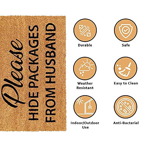 Image of Onlymat inchPlease Hide Packages Funny Doormat, Anti-Slip Coir with PVC Backing, Rectangular (75x45cm), Black /Brown - for Entryway, Outdoor, Home, Floor, Door, Hall & Living Room Use