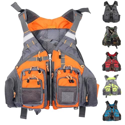 Chaleco de Pesca Ajustable con Silbato y Múltiples Bolsillos, Ayuda de Flotabilidad Transpirable para Kayak, Bote, Deportes Acuáticos(Orange)