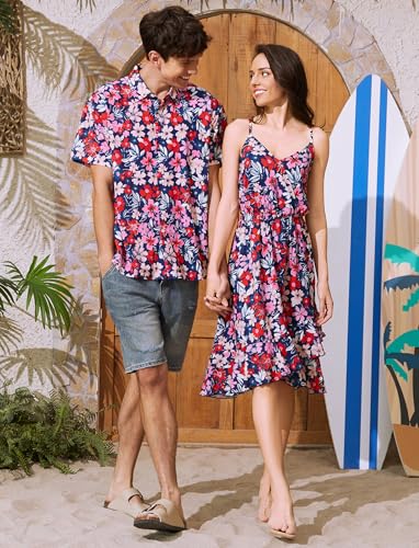 PATPAT Matching Hawaiian Outfits for Couples Beach Vacation Tropical Print Women Spaghetti Strap Dress or Men Cruise Shirt4