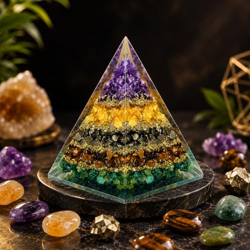 Image of Money Magnet Pyramid with Amethyst, Citrine, Pyrite & Tiger Eye Stones - Crystal Healing Pyramid for Wealth, Abundance, Positive Energy, Reiki, Meditation & Home Decor