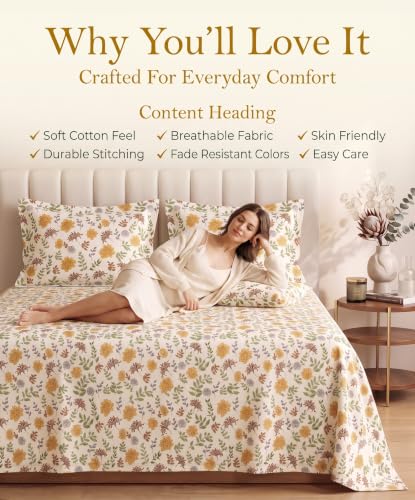 Image of VAS COLLECTIONS Premium 240 TC Cotton Double Bedsheet Set with 2 Pillow Covers | Breathable Floral Print Bedding | Fade Resistant | 228 x 254 cm, Ochre & Rust Botanical, Double Flat (90x100) Botanical
