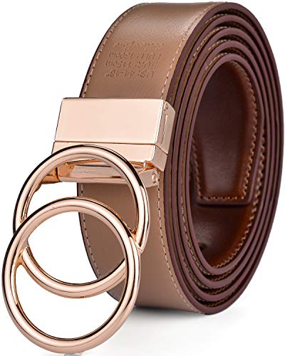 Beltox Women Belt Leather 1.3” Reversible 2 in 1 Rotated 2 Rings Gold Buckle3