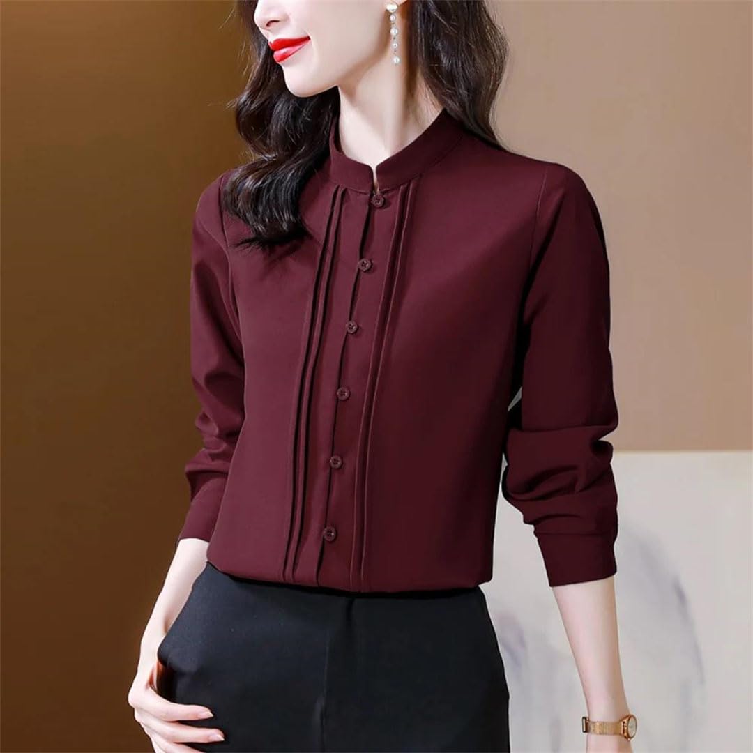 Camicette da donna in seta tinta unita a maniche lunghe con colletto alla coreana camicette da ufficio eleganti top