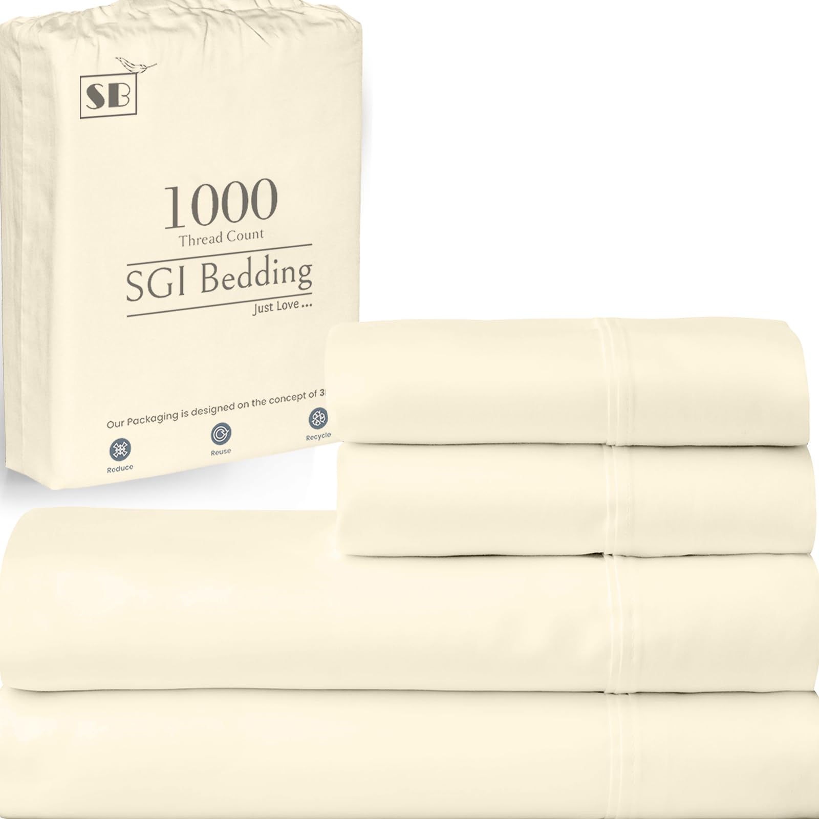 SGI 1000 Thread Count Egyptian Cotton Twin Sheet Set – Ultra Soft, Deep Pocket 15” Fitted, Breathable & Hotel-Quality,Luxury 4-Piece Premium Bedding Set for Crisp, Durable Comfort – Cream