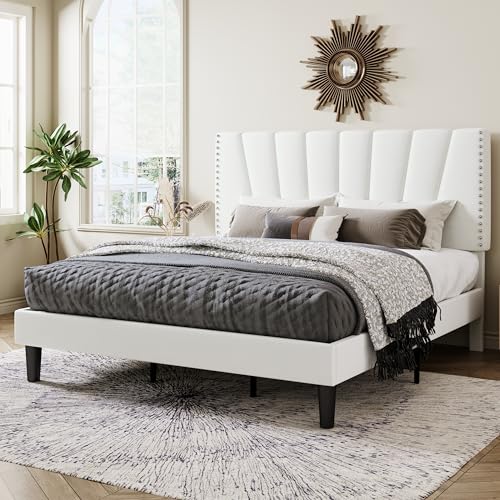 Image of Allewie King Size Velvet Platform Bed Frame with Adjustable Headboard White | Height-Adjustable Velvet Headboard, Rivet-Style Nailhead Trim, Wooden Slat Support, No Box Spring Needed, Easy Assembly