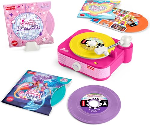Fisher-Price Musical Toy Barbie Record Player with 5 Records & Display Rack for Preschool Pretend Play Kids Ages 3+ Years