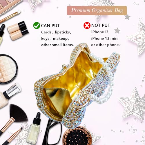 Image of Handmade Inlay Rhinestone Bow Clutch Bag for Women, Sparkling Evening Party Wedding Purse with Detachable Pearl Chain