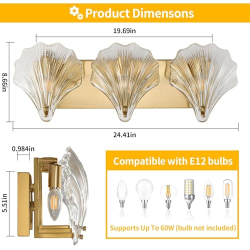 Image of Bathroom Light Fixtures, 3-Lights Vanity Lights Over Mirror, Modern Bathroom Wall Light with Clear Shell Shaped Glass Shades, Gold Wall Sconces for Bedroom Living Room Kitchen Hallway