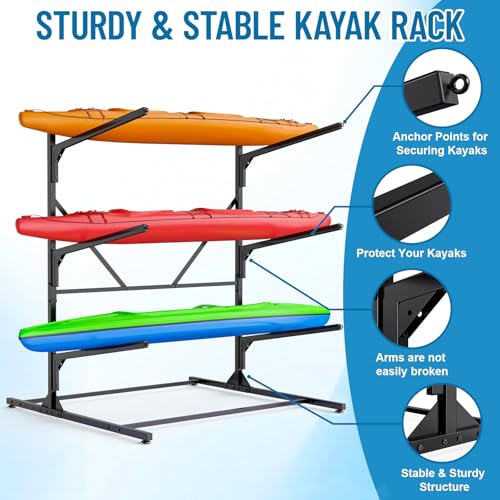 LXVOOEE Kayak Storage Rack, Heavy Duty Freestanding Kayak Rack for Garage and Outdoor Storage, Kayak Stand Adjustable for Kayak, Canoe, Surfboard and Paddle Board