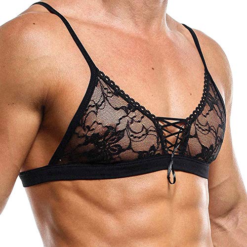 Secret Male Fitted Lace Bra for Men, Slim Mens Tank Top Shirts with Sheer Fabric, Wire-Free Support