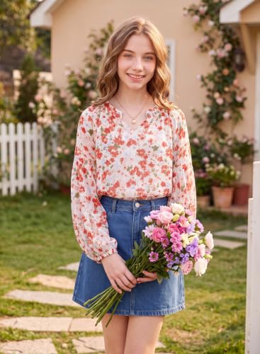 Image of blibean Girls Flower Bell Long Sleeve Blouse Fall Floral Shirts 4-15 Years