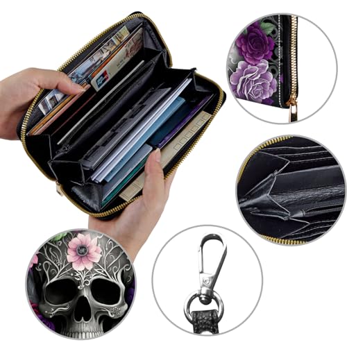 Women's Wallets,Credit Card Holder Money Leather Long Wallet with Wristlet,Large Capacity with Zip-Around Phone Purse for Women Ladies Girls,Purple Skull4