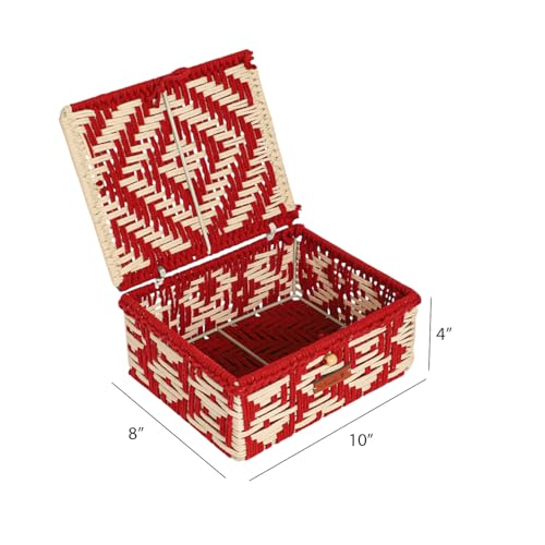 Image of Kaahira Handmade Decorative Storage Box and Organiser | Macrame Gift Hamper Box for Cosmetics, Toiletries & Return Gifts | Aesthetic Rope Woven Organizer (Red and White, Medium - 10x8x4 inches)