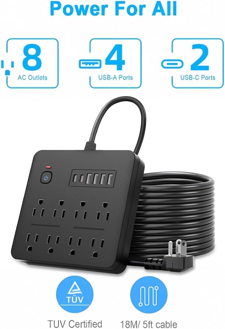 6 FT Flat Plug Surge Protector Power Strip,8 Multiple AC Outlets with 6 USB Ports (2 USB C), 6 Feet Extension Cord, 1250W/10A, One Touch Switch Button, 17 in 1 Compact powerstrip (Black, 6FT)