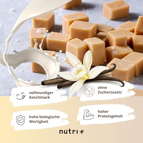 Nutri + Protein Pulver Vegan Vanilla Toffee 1 kg - 80% Eiweiß - 3k Proteinpulver Vanille Karamell - Eiweißpulver Low Sugar - 1000 g Eiweißshake