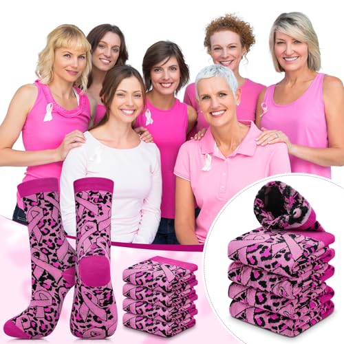 Image of Haysandy 24 Pairs Breast Cancer Awareness Socks Bulk Pink Ribbon Socks Women Football Volleyball Softball Cheer Pink Out Game