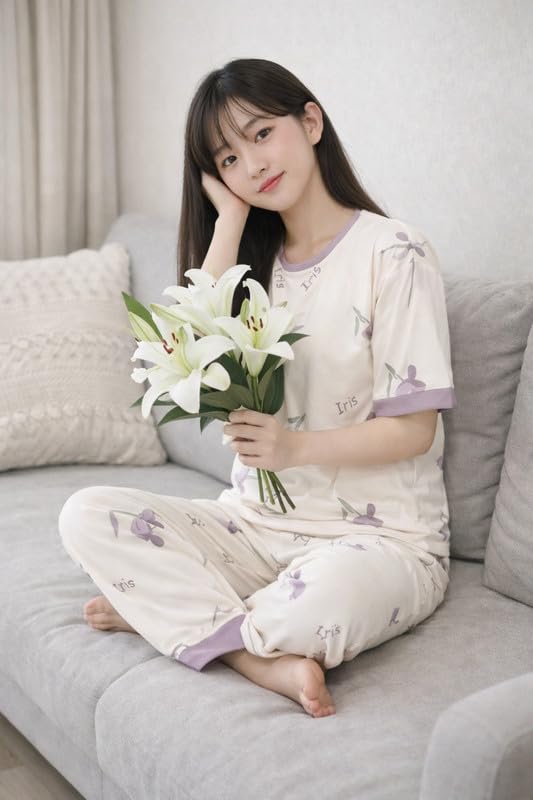 Image of Women's Pajama Set with Top & Pants|| Korean Night Wear|| Loose Fit Home Wear || Lightweight Printed Set || Soft & Comfy Girls & Women