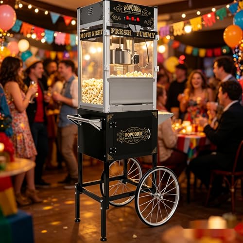 Image of 32Oz Commercial Popcorn Machine with Professional Street Stall Black | 32OZ Stainless Steel Kettle Pop corn Machine Maker for Home Movie Theater, Christmas Gathering Party, School and Office