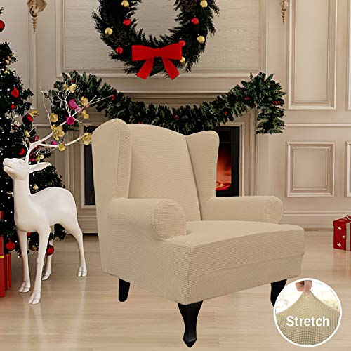 Image of Easy-Going Stretch Large Wingback Chair Sofa Slipcover Sand | 1-Piece Sofa Cover Furniture Protector Couch Soft with Elastic Bottom, Spandex Jacquard Fabric Small Checks