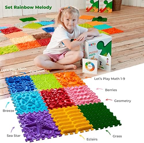 ORTO NATURE 9 Piece Massage Puzzle Floor Mats - Orthopedic Game Mat for Kids, Sensory Play, Childrens Play Mats, Game Mat Set (Rainbow Melody)