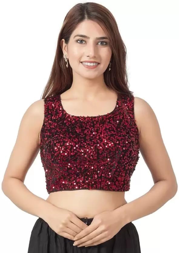 wizulo trendzU-Neck Velvet Sequin Sleeveless Women Blouse (Free Size, Suitable for Bust Size: 32 to 38 Inches)