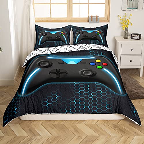 Gamer - Juego de cama de 200 x 200 cm para niños con diseño de abeja de abeja y videojuegos de funda de edredón moderno para juegos de cama, 3 piezas con 2 fundas de almohada Cover