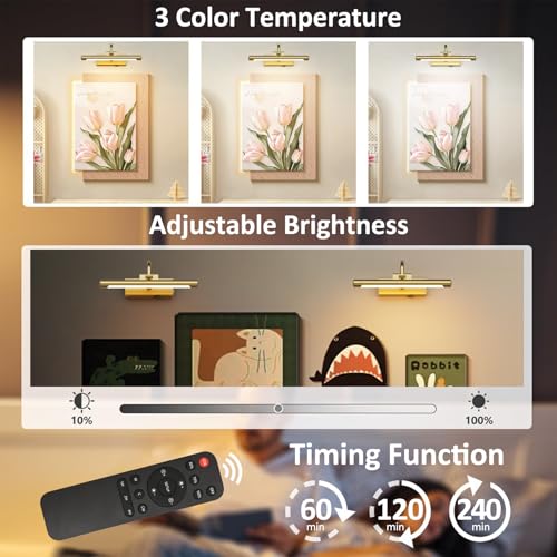 Image of Aipsun 11.8 inch Brass Picture Lights for Wall Rechargeable,10000mAh Battery Operated Art Light for Paintings,3CCT Dimmable, Rotatable Gallery Light for Pictures Display
