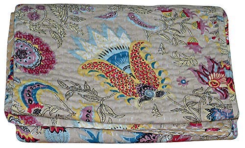 YUVANCRAFTS Indian Cotton Kantha Quilt Floral and Mukut Screen Print Quilt Bedspreads Blanket Throw