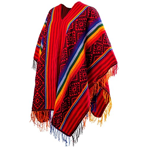 Peruvian Traditional Wool Blend Poncho - Red/Black/Rainbow