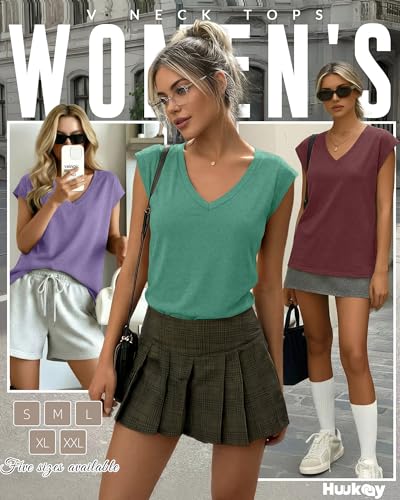 Image of Huukeay 3 Pack Women's V Neck Cap Sleeve T Shirts