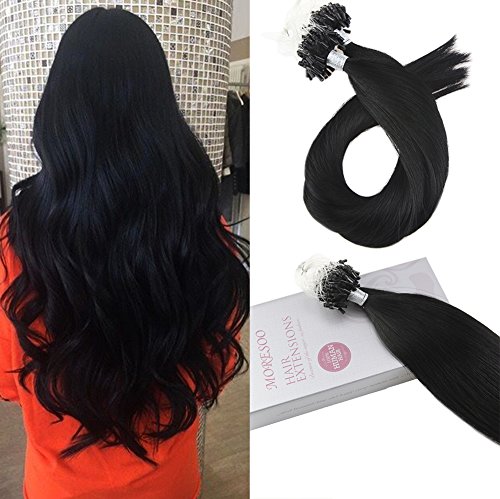 Moresoo 16 Inch Real Jet Black Human Hair Micro Ring Hair Remy Human Hair Extensions Color #1 Micro Link Hair Extensions 50 Grams 50 Strands Remy 100% Human Hair