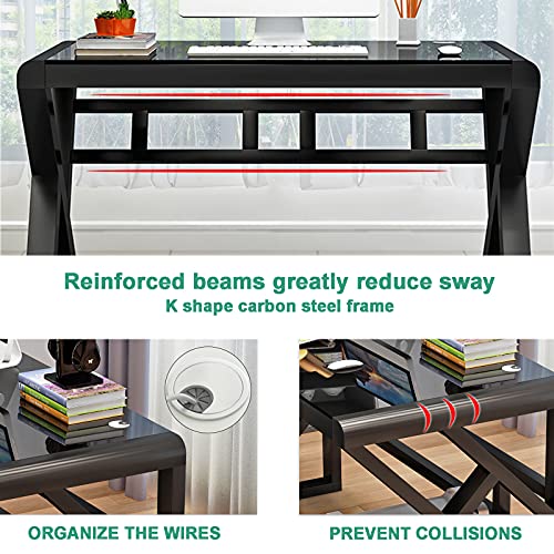 Bingtoo Computer Desk Glass Top Metal Frame, 55.1" Home Office Desks & Workstation Modern Office Writing Gaming Study Work Glass Computer Table Desk #TOP3