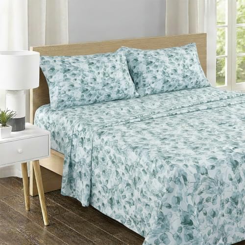 Image of Feather & Stitch Printed 500 TC Split King Size Sheet Set, 5 Piece Bed Sheets Set-2 Twin Fitted Sheet, 1 King Flat Sheet & 2 King Pillowcases, 18 inch Deep Pockets Sateen Weave Bedsheet - Green Leaf