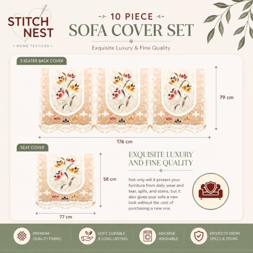 Image of STITCHNEST Florenza Orange 10 Piece Cotton Net Sofa Slip Cover |5 Seater