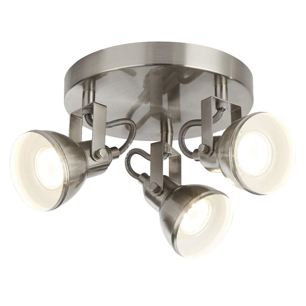Britalia Satin Silver Vintage Retro 3 Lamp Round Plate Adjustable Spot Light | Requires 3 x GU10 Bulbs (Not Included) | Gloss White Inner Shades
