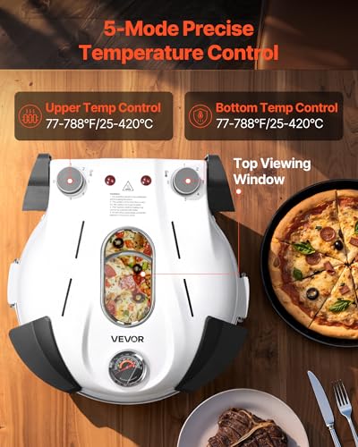 Image of VEVOR Pizza Oven Indoor, 12 in Electric Pizza Maker, 1200W Home Pizzas Cooker with Dual Temp Controls, 5 Heat Level, Max 788 ˚F Countertop Oven, Thermometer & Viewing Window for Precise Cook, White