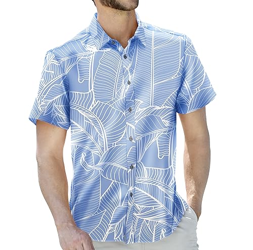 Island Crew Mens Hawaiian Shirt Tropical Stretch Short Sleeve, Casual Button-Down Shirts (as1, Alpha, l, Regular, Regular, Banana_Grove_Light_Blue)