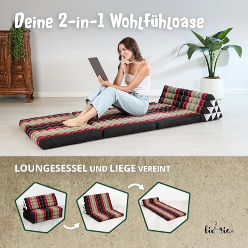 Foto von livasia Thaikissen 3 Auflagen für Paare XXL - 190x80x8cm - Dreieckskissen Klappmatratze, extrabreit Kapok, Rückenkissen faltbar, Thaimatte zum Klappen, Meditationskissen (Schwarz/Rot)