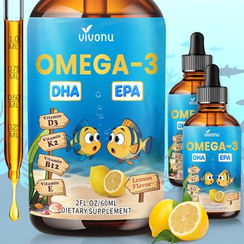 Image of VivoNu Omega 3 for Kids, Children's DHA Omega 3 6 9 Drops | 600mg | Total Omega-3s with EPA & DHA| Brain Development & Mood, Learning - Non-GMO(2Fl Oz)
