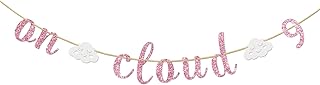 Ambishi On Cloud 9 Banner - Girls 9th Birthday Party Decorations - Happy 9th Birthday Hanging Decor Party Banner - Nine Years Birthday Party Supplies - Pink Glitter