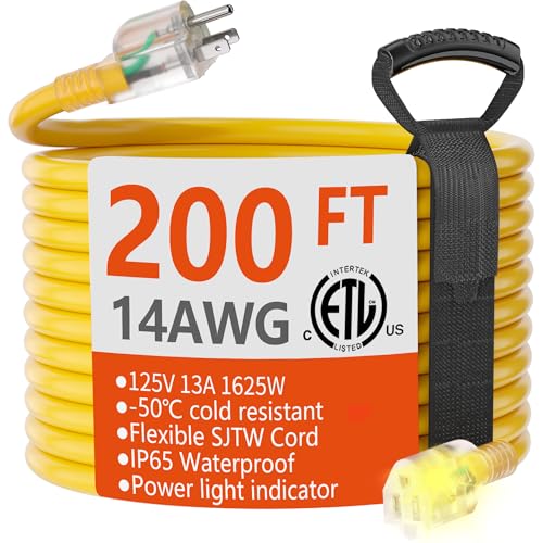 HUANCHAIN 200 ft 14/3 Gauge Heavy Duty Outdoor Extension Cord Waterproof with Lighted Flexible Cold Weather 3 Prong Electric Cord Outside 13A 1625W 125V 14AWG SJTW Yellow ETL Listed