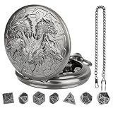 GEAoffice DND Dice Set with Vintage Dragon Pocket Watch Case, Solid Metal Tiny Dice for Tabletop Role Playing Games, Fantasy RPG Gaming & Math Games, Unique DND Gift for Men/Women