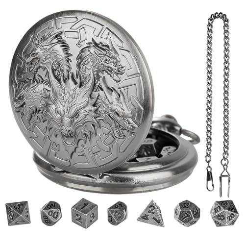 GEAoffice DND Dice Set with Vintage Dragon Pocket Watch Case, Solid Metal Tiny Dice for Tabletop Role Playing Games, Fantasy RPG Gaming & Math Games, Unique DND Gift for Men/Women