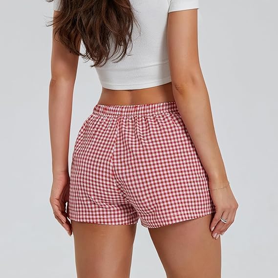 Women's Lounge Shorts Cute Soft Elastic Low Waist Plaid Print Button Front Pajama Bottoms Boxer Shorts Sleepwear