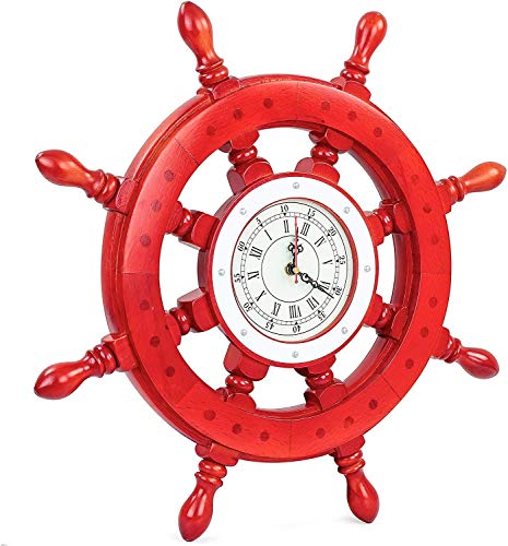 Orologio da parete a forma di timone rosso della nave del pirata nautico, lucido, di alta qualità, idea regalo per la casa, ruota di nave in legno fatto a mano, decorazione da parete per la casa
